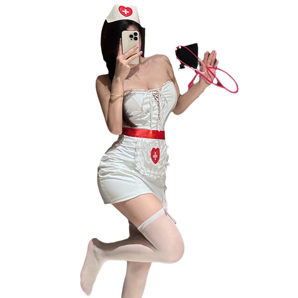 Seductive nurse costume for women featuring a sexy tight-fitting outfit with a pencil skirt, perfect for live streams and clu...