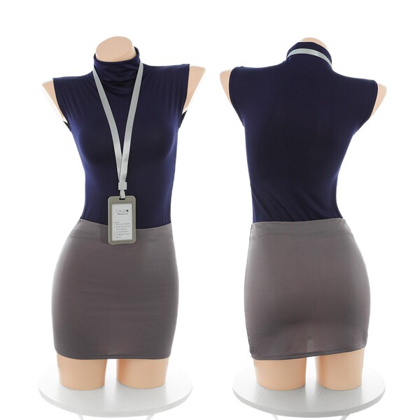 Seductive ol -inspired outfit featuring a navy turtleneck top with a gray pencil skirt, perfect for office chic style.