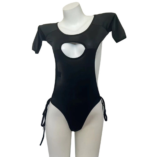 Seductive open-crotch bodysuit with sheer fabric and tie details, offering pure allure and tempting design for uniform sleepw...
