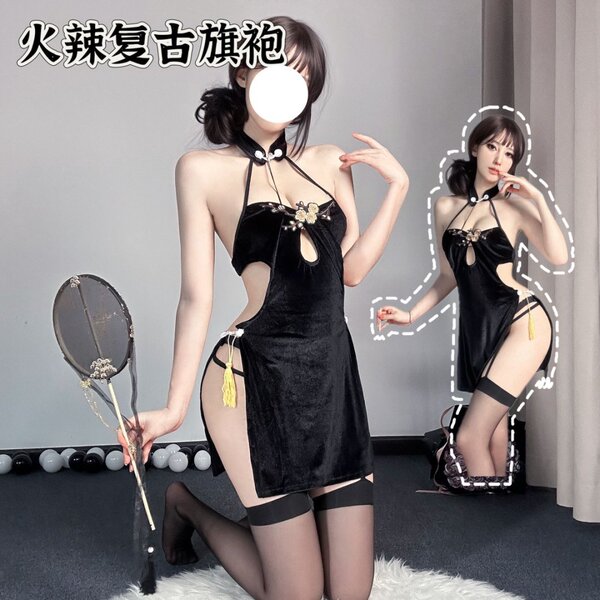 Seductive plum blossom lace corset set - backless high-slit cheongsam roleplay outfit for women, featuring elegant design and...