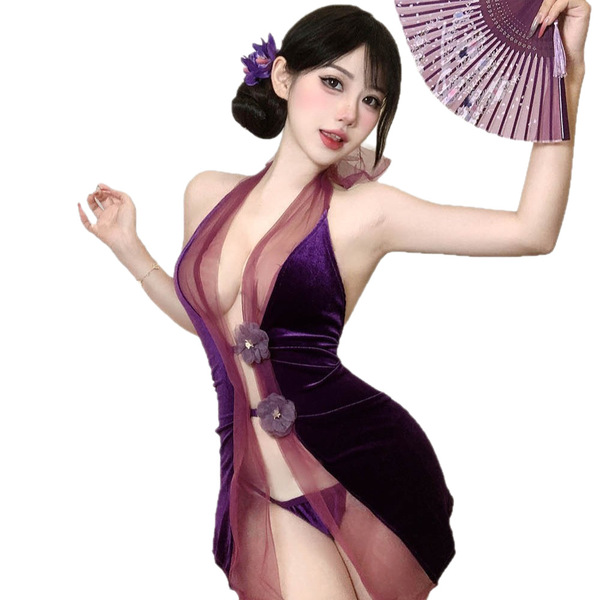 Woman in seductive purple cheongsam lingerie with open back, holding fan. pure-yet-tempting sleepwear, no-remove design.