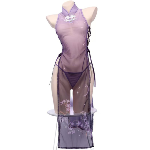 Seductive purple cheongsam lingerie set - sheer mesh split dress with ties, no-remove design