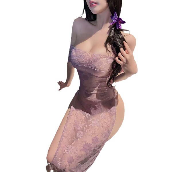 Seductive purple lace lingerie set featuring modest design, perfect for date night and bedroom wear.