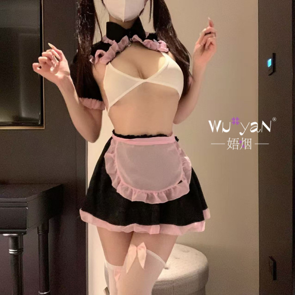 Seductive no-remove maid costume set with pink ruffles, sheer apron, and thigh-high stockings for intimate couples play.
