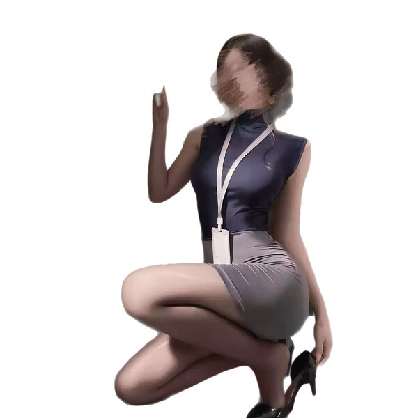 Woman in navy blue sleeveless top and gray pencil skirt, posing seductively with one hand raised, wearing black heels and a l...