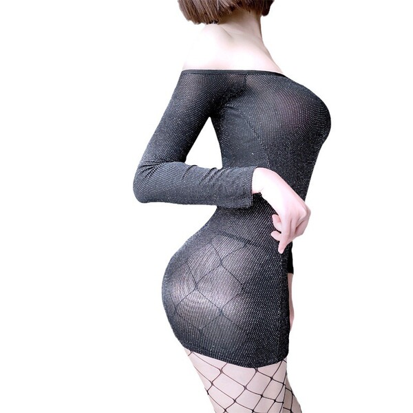 Woman wearing a black lace off-shoulder mini dress, showcasing a seductive secretary costume outfit for nightclub and live st...