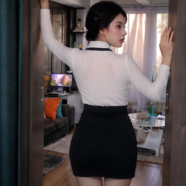 Woman in white blouse and black bodycon skirt, showcasing the seductive secretary costume set with deep v-neck and no-remove ...