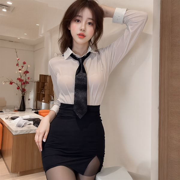 Woman wearing a seductive secretary costume set with a deep v-neck blouse, bodycon skirt, and tie.