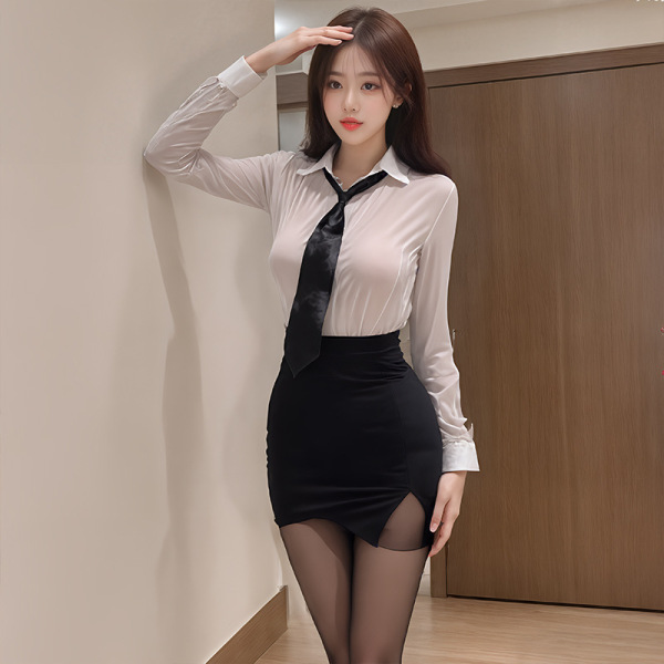Woman wearing a seductive secretary costume set with a deep v-neck blouse and bodycon skirt, posing confidently indoors.
