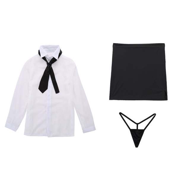 White blouse with black tie, bodycon skirt, and thong – seductive secretary costume set for women.