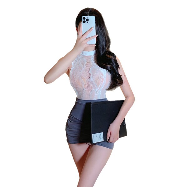 Woman in white lace top and gray mini skirt holding phone and folder, showcasing seductive secretary-style lingerie set.