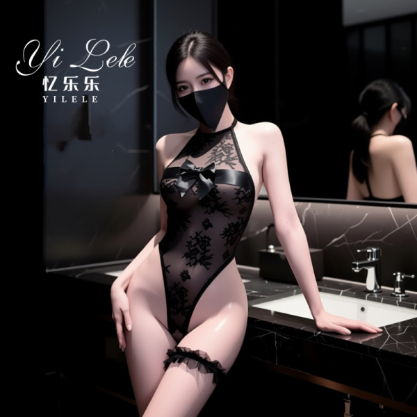 Woman in black lace lingerie set with bow detail, posing in bathroom. seductive secretary-style lingerie set - tempting sleep...