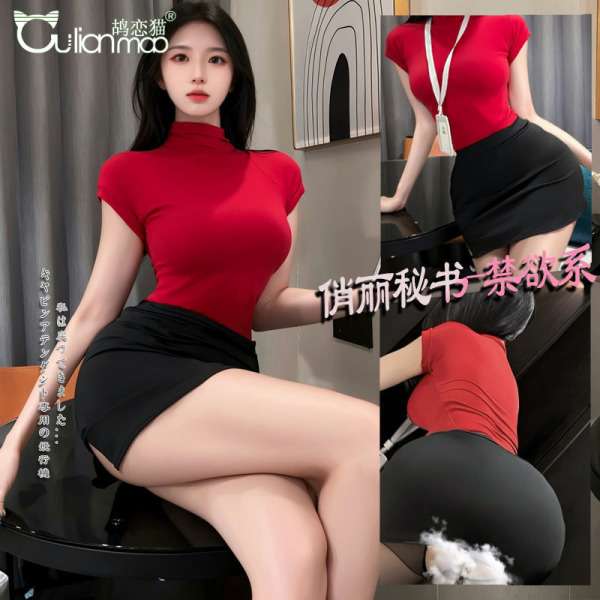 Woman modeling red top and black high-waisted bodycon skirt set, premium seductive secretary office uniform lingerie outfit.