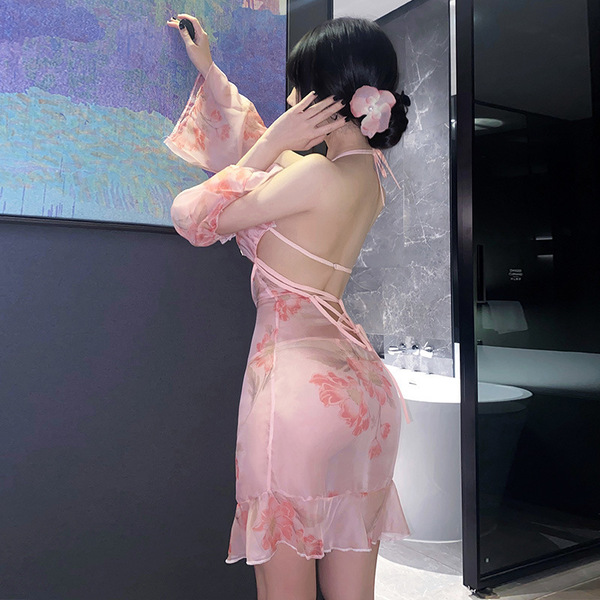 Seductive sheer backless hanfu sleep dress set featuring sensual lace trimmings and side slits, perfect for elegant nightwear...