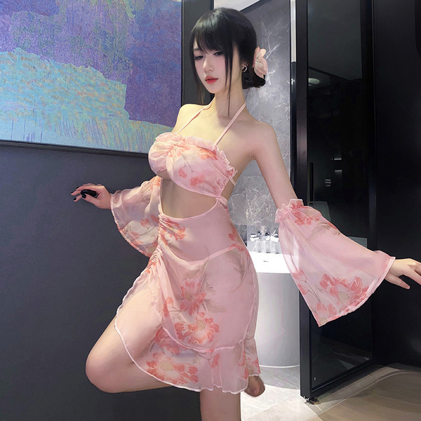 Seductive sheer backless hanfu sleep dress set - sensual lace trimmed sleeveless chemise with side slit, featuring delicate f...