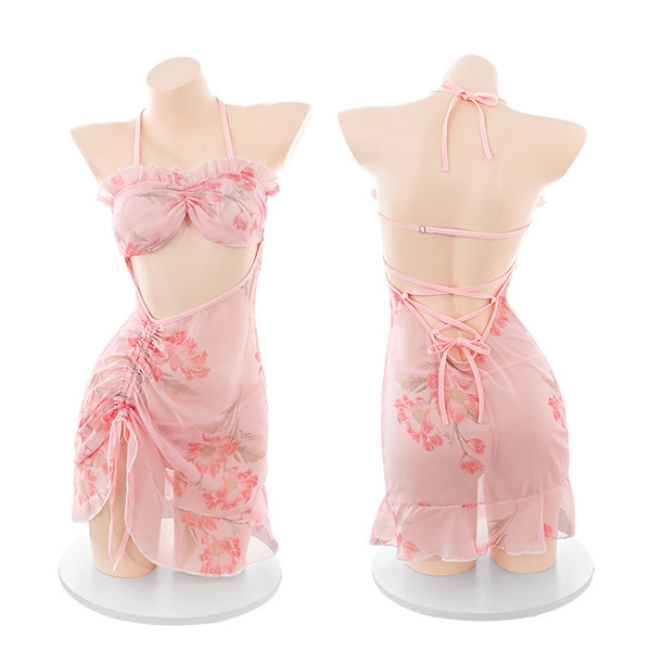 Seductive sheer backless hanfu sleep dress set - sensual lace trimmed sleeveless chemise with side slit
