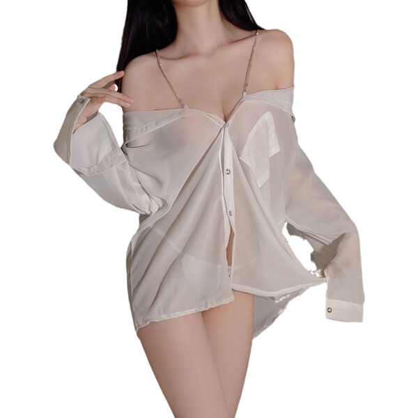 Seductive sheer chiffon sleepwear set with delicate lace trim, no-remove design, perfect for pure and tempting nightwear.