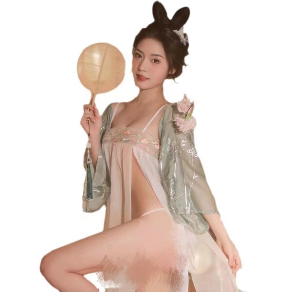 Seductive sheer chinese hanfu lingerie set - vintage embroidered costume with bunny ears, plus size sensual design