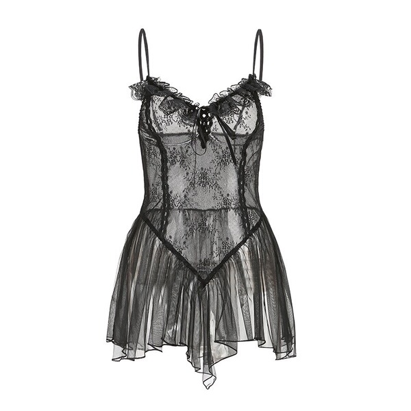 Black sheer lace camisole and backless slip dress set with ruffled hem, floral embroidery, and adjustable straps.