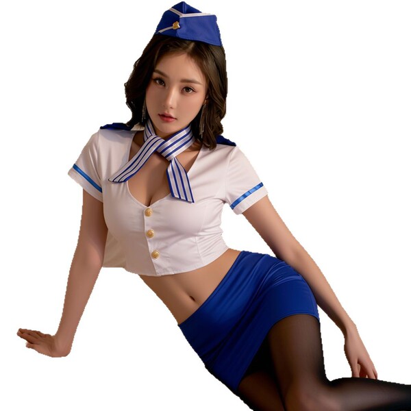 Seductive sheer lingerie set - busty open-crotch sleepwear for couples, air hostess costume style