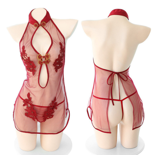 Seductive sheer lingerie set with open-crotch design, cheeky cutout, and red floral embroidery – perfect for intimate nights.