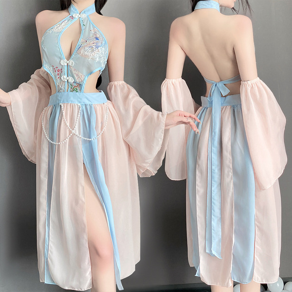 Seductive sheer lingerie sleepwear set – vintage chinese-inspired hanfu qipao style no-remove outfit featuring elegant sheer ...
