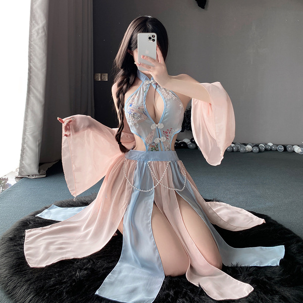 Seductive sheer lingerie sleepwear set – vintage chinese-inspired hanfu qipao style no-remove outfit featuring elegant sheer ...