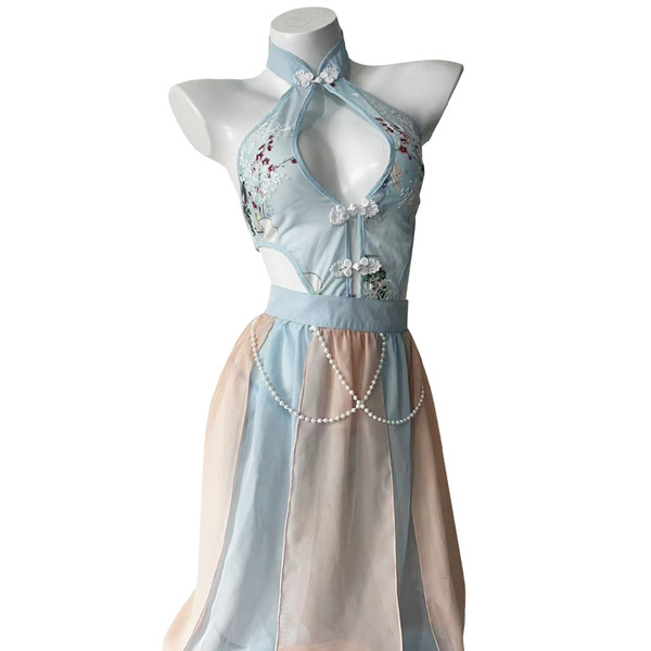 Seductive sheer lingerie sleepwear set – vintage chinese-inspired hanfu qipao style no-remove outfit featuring floral embroid...