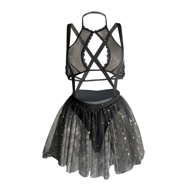 Seductive sheer mesh bodysuit with starry tulle skirt, sexy lingerie sleepwear set for date night.