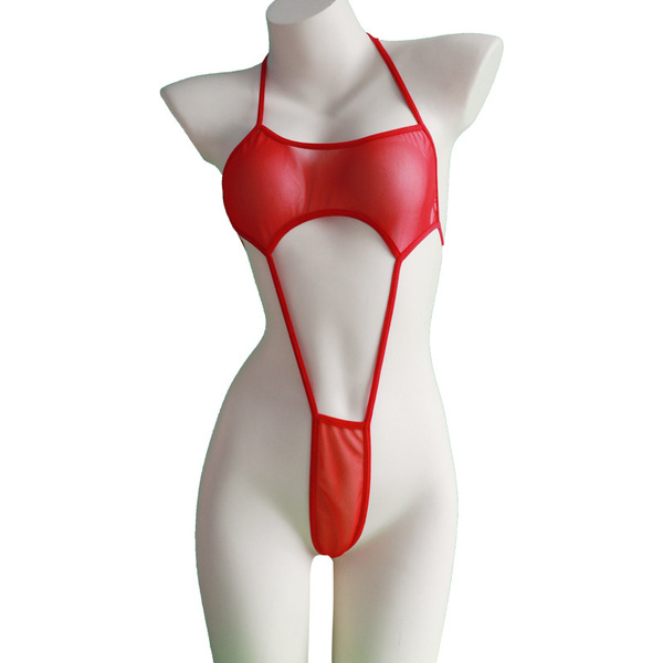 Red sheer mesh lace sleepwear set for small bust, featuring a sexy design with ties and a comfortable fit.