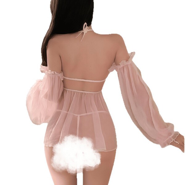 Back view of woman wearing sheer pink princess sleep dress with lace backless design and chest/hip reveal.