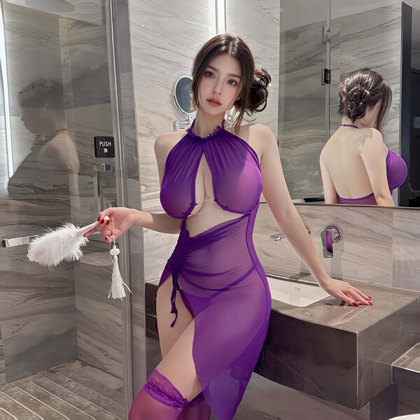 Seductive sheer split skirt set - thin transparent pure-allure halter wrap pleated bodycon ensemble, showcased in a luxurious...