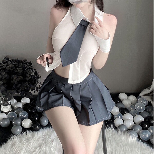 Seductive short crop top skirt set - slim-fit pleated schoolgirl costume outfit for women, featuring a white blouse with a ti...