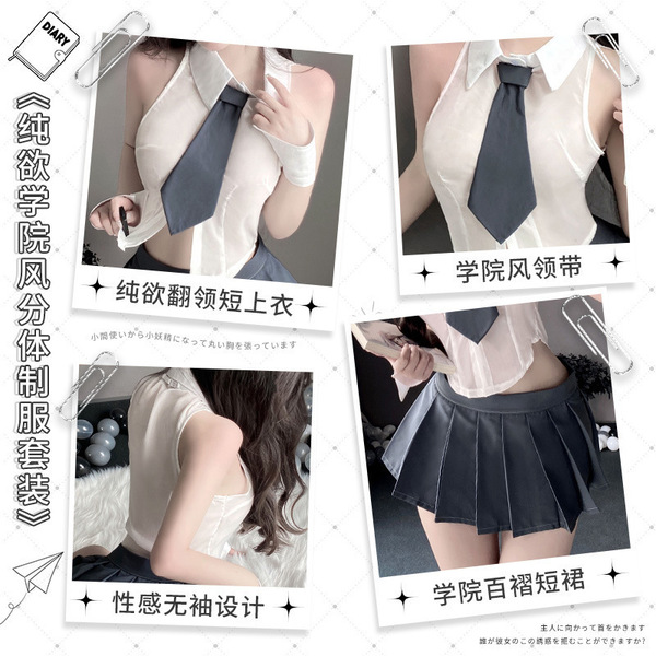 Seductive short crop top skirt set - slim-fit pleated schoolgirl costume outfit for women, featuring a stylish tie blouse and...