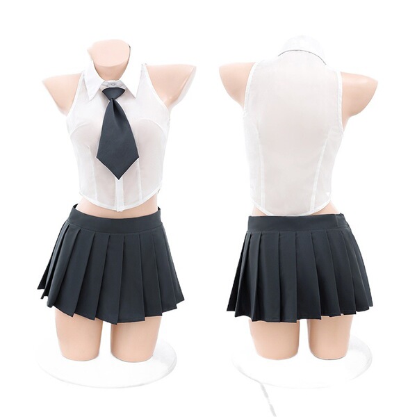 Seductive short crop top skirt set - slim-fit pleated schoolgirl costume outfit for women, featuring a white crop top with ti...