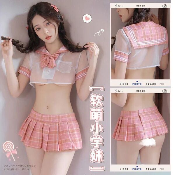 Seductive student uniform lingerie set with plaid mini skirt and sheer top, perfect for playful tease and passion.