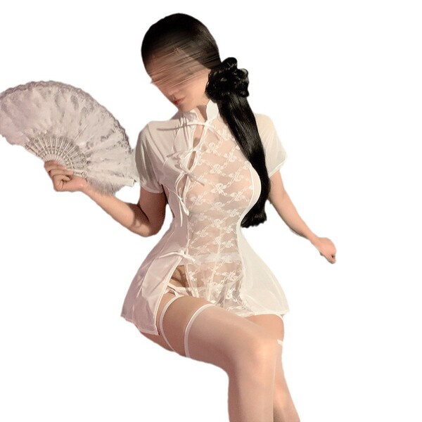 Seductive vintage-inspired silk-look lingerie set featuring a sheer qipao design, perfect for plus-size women seeking allure ...