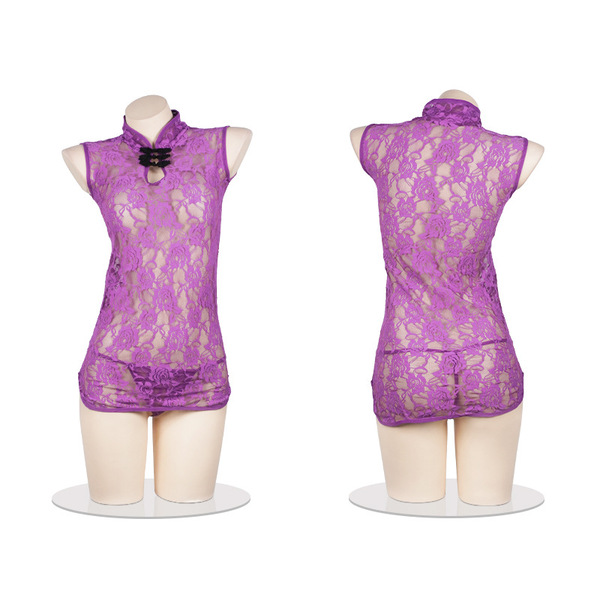 Seductive vintage qipao lingerie set - sexy lace-up high-neck slit robe with sheer cut-outs