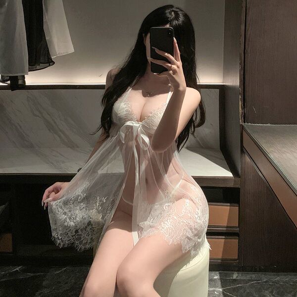 Sexy plus-size lace sheer open-front sleep dress with no-remove design, perfect for intimate lingerie.