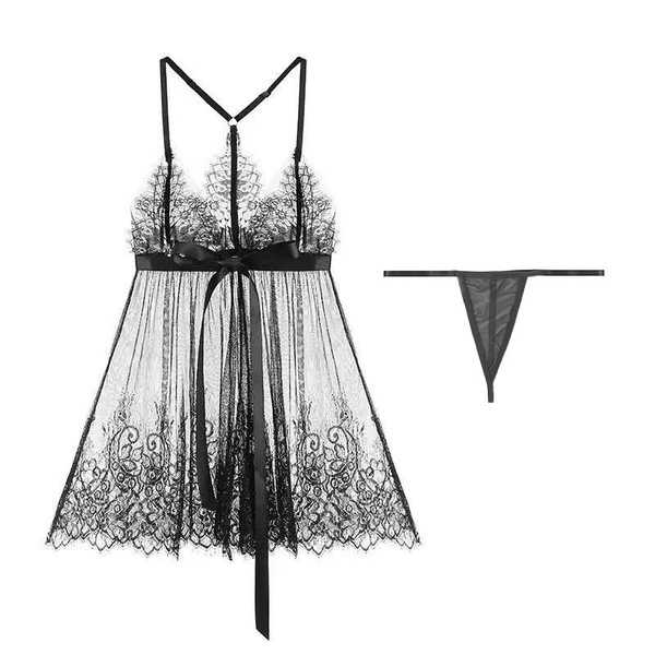 Hot-selling lace sheer open-front sleep dress with sexy plus-size design, no-remove intimate lingerie.
