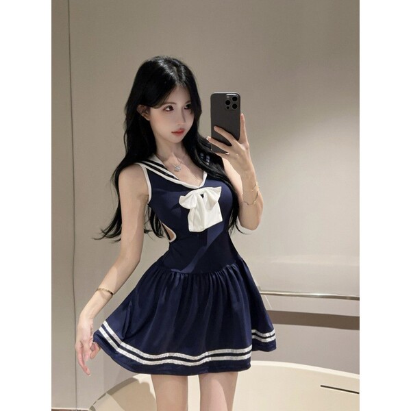 Semi-sweet allure navy schoolgirl lingerie set - sheer waist-cinching cute & sexy outfit