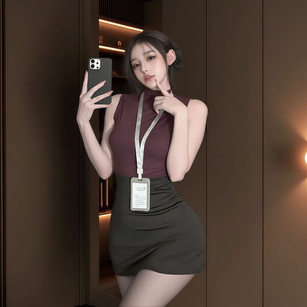 Woman in sensual air hostess costume set with lace bodysuit and skirt, posing with phone in dimly lit room.