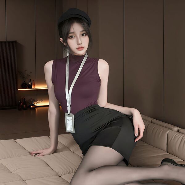 Woman in sensual air hostess costume with lace bodysuit and skirt, posing on a couch in a dimly lit room.
