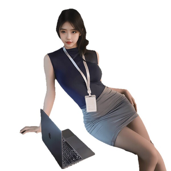 Woman in sensual air hostess costume with lace bodysuit and skirt, posing with laptop.