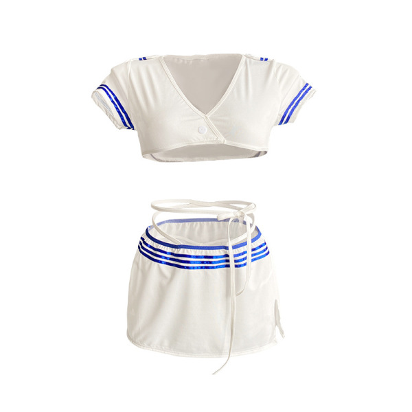 White airline-inspired lingerie set with blue-trimmed crop top and pencil skirt, designed for a sexy office-themed look.