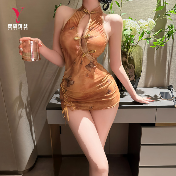 Woman in a sensual backless cheongsam dress, holding a glass, with a slim-fit design and butterfly patterns, perfect for prov...