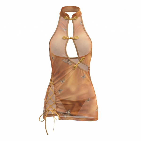 Sensual backless cheongsam dress with butterfly print and gold accents, slim-fit provocative role play costume for adults.