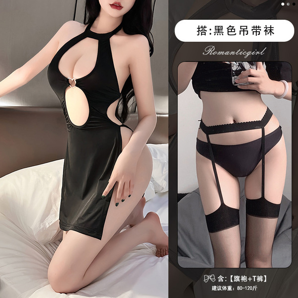 Sexy Lace Cheongsam Lingerie Set - Seductive Sheer Cut-Out Mother-Step Dress with Nursing Access, Elegant & Playful - Sexy black + black suspender stockings