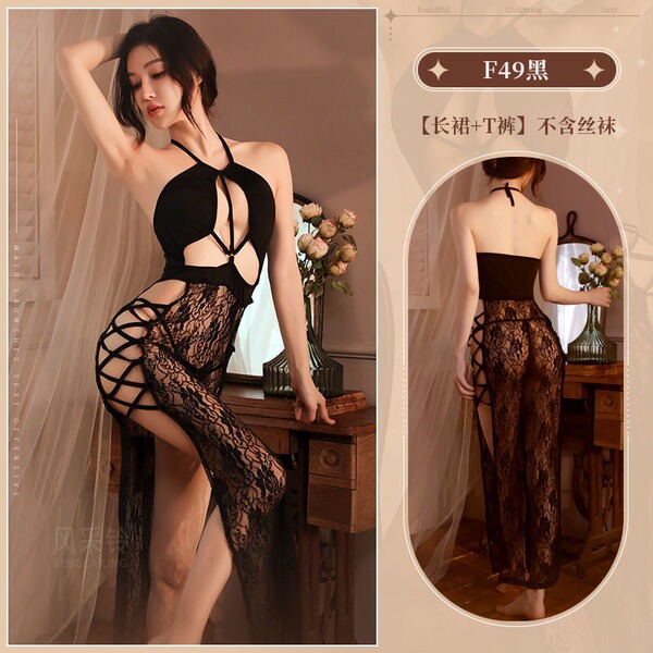 Lace Bodysuit Sleepwear Set - Sheer Sexy Split Long Dress & Cheongsam-Inspired Lace Nightgown - Sexy black + thong