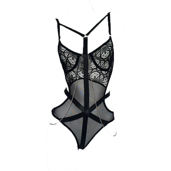 Sensual bondage bodysuit set featuring lace mesh straps and intricate designs, perfect for a daring and elegant look.